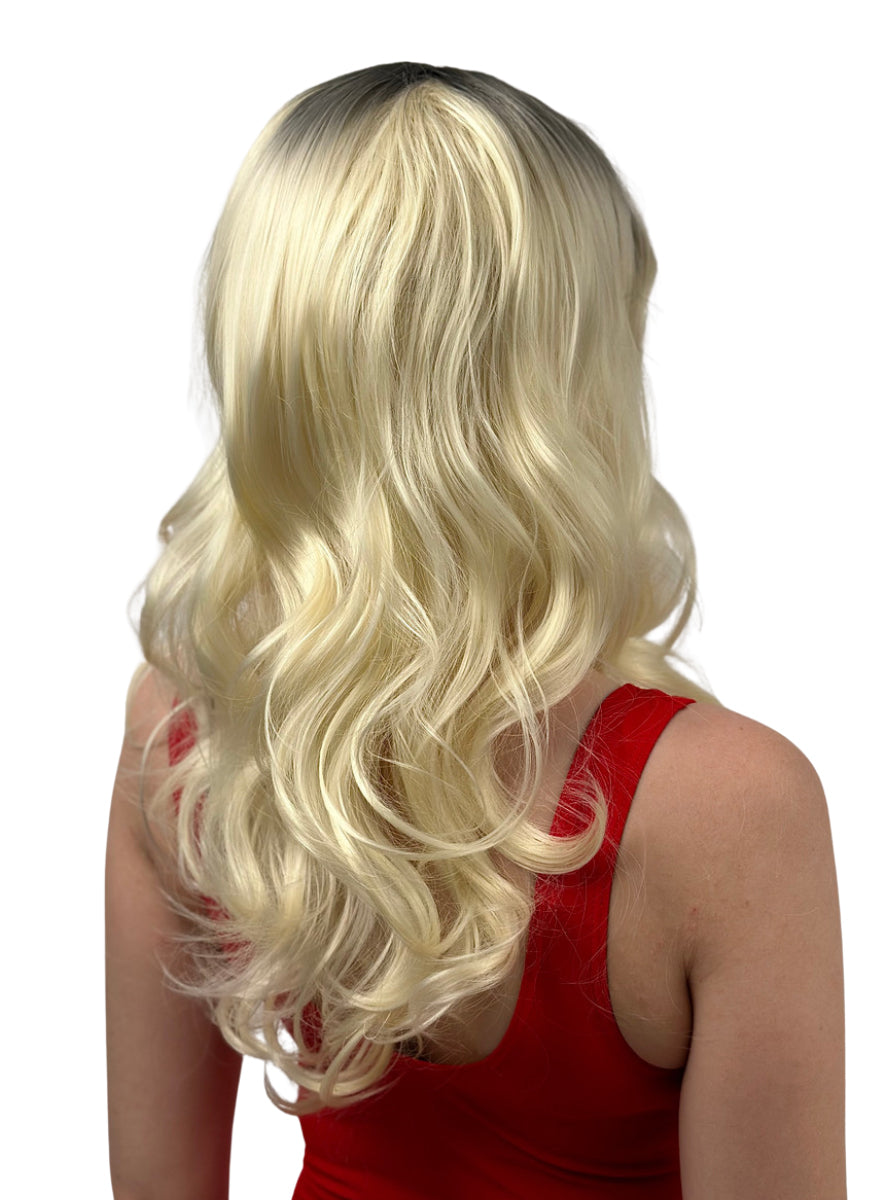 Beach Bombshell Womens Blonde Wavy Wig with Dark Roots and Fringe - Back Image