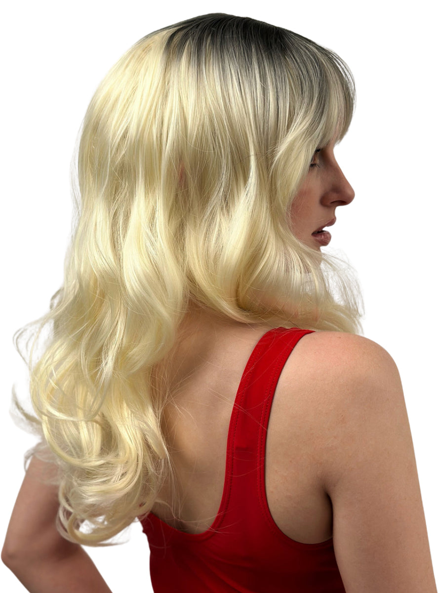 Beach Bombshell Womens Blonde Wavy Wig with Dark Roots and Fringe - Side Image 2