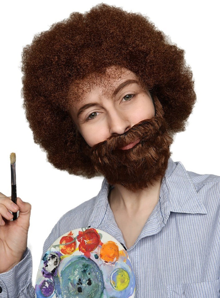 Bearded Painter Mens Brown Afro Costume Wig and Beard Set - Alternative Image