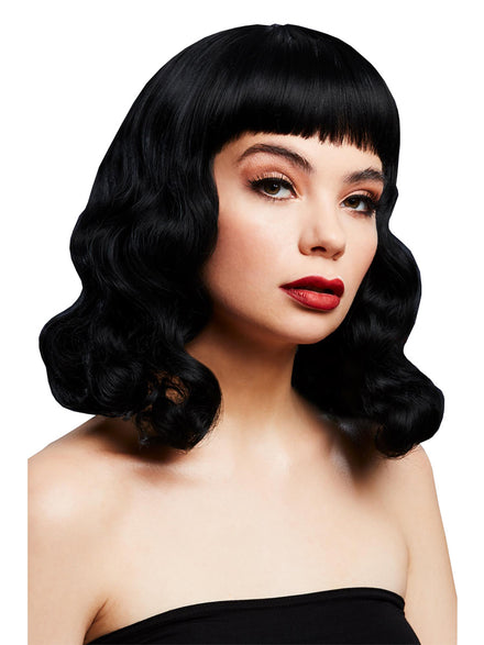 Wavy Short Black Costume Wig With Fringe - Main Image