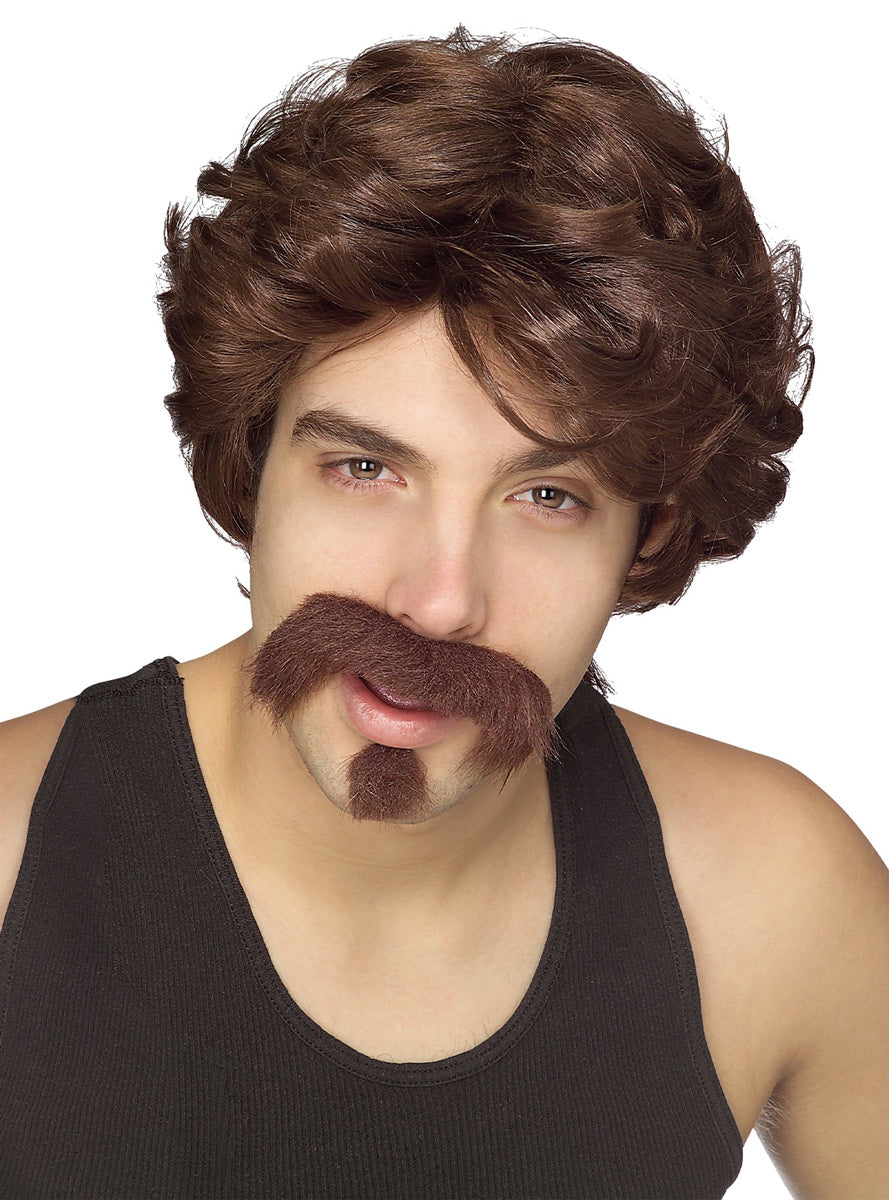 Mens Brown 80s Costume Wig And Mosutache Set - Main Image
