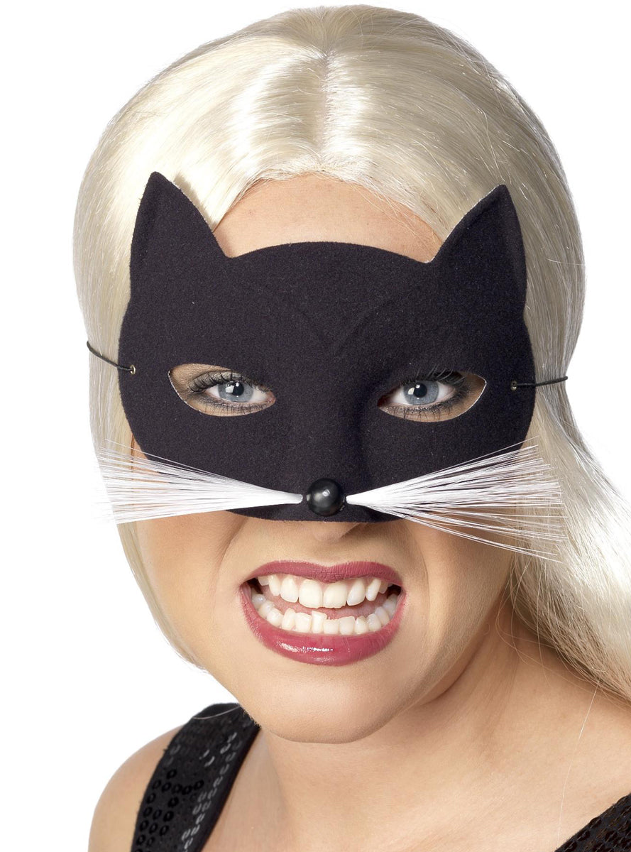 Womens Black Fabric Cat Eye Mask with White Whiskers - Main Image