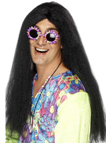 1970s Mens Long Black Crimped Costume Wig - Main Image