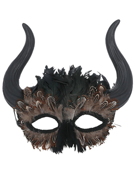 Feathered Adults Black Masquerade Mask with Horns - Main Image