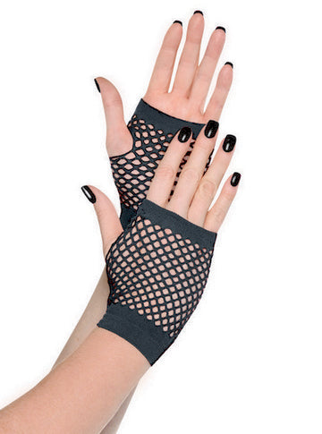 80s Wrist Length Short Black Fishnet Gloves - Main Image