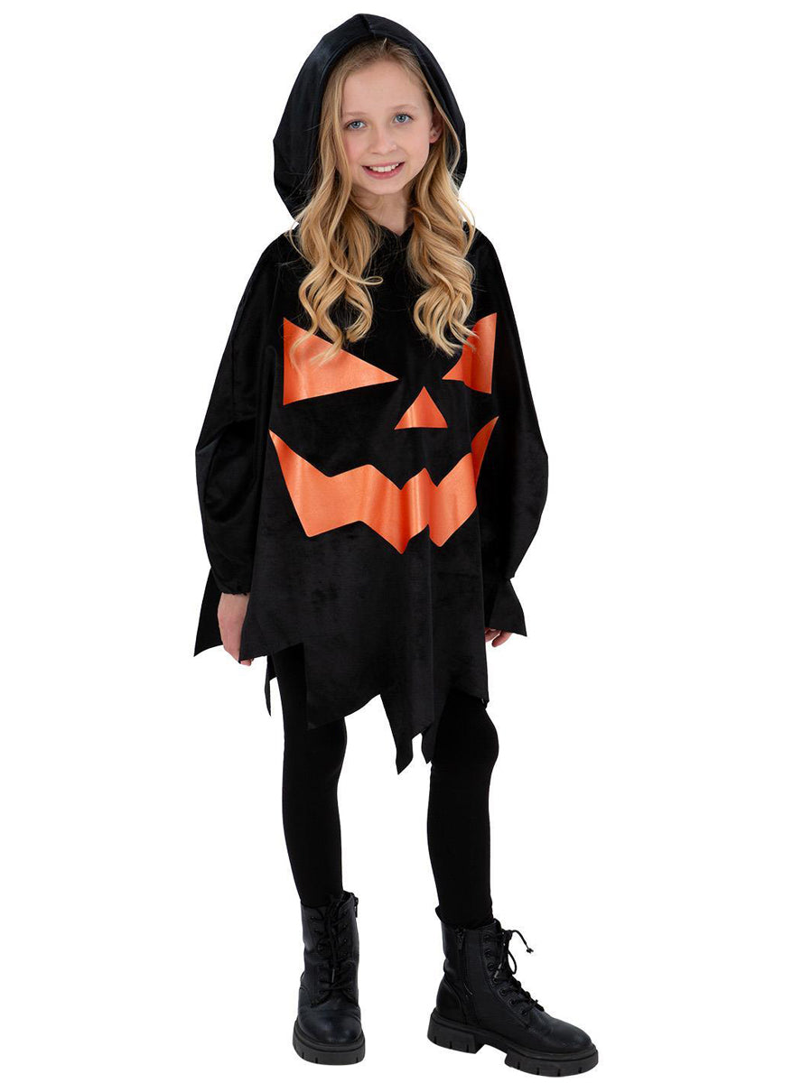 Girls black halloween pumpkin poncho costume - Alternative image
