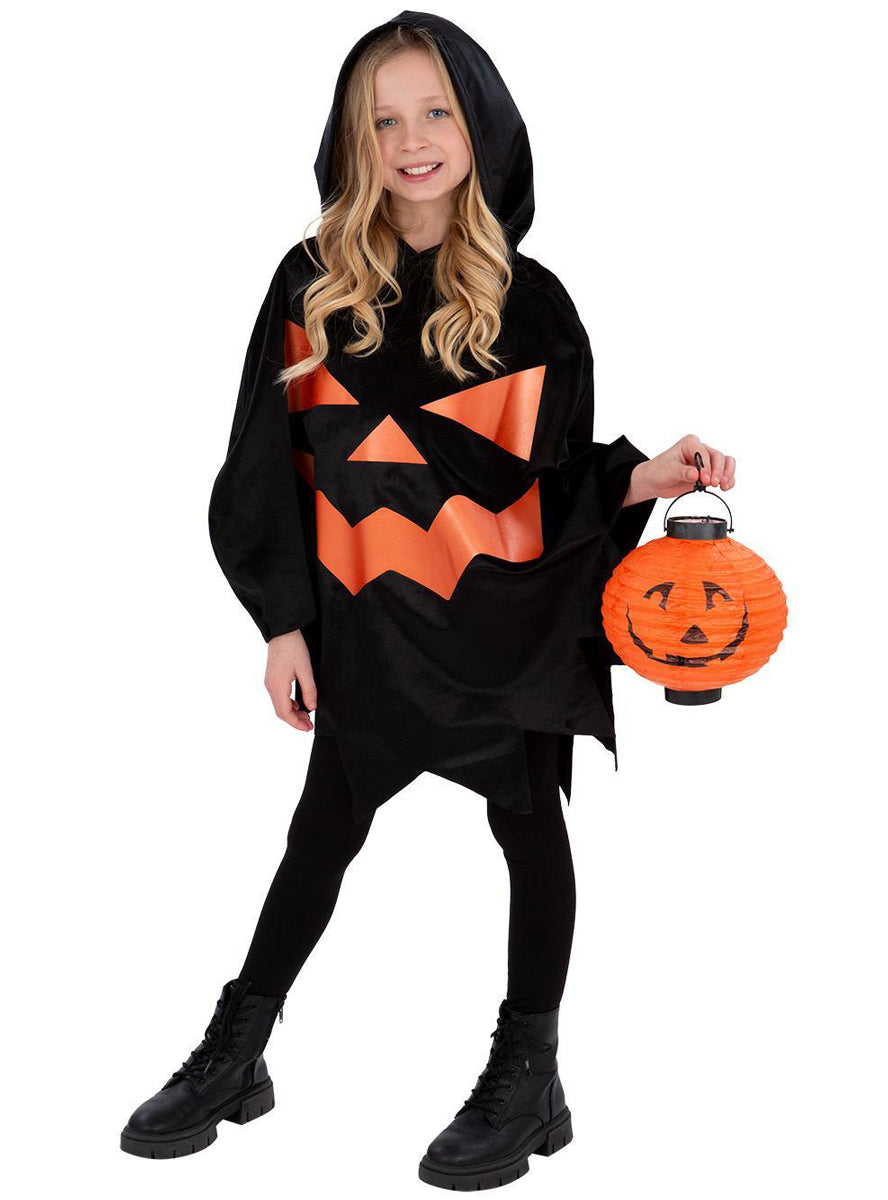 Girls black halloween pumpkin poncho costume - Main image