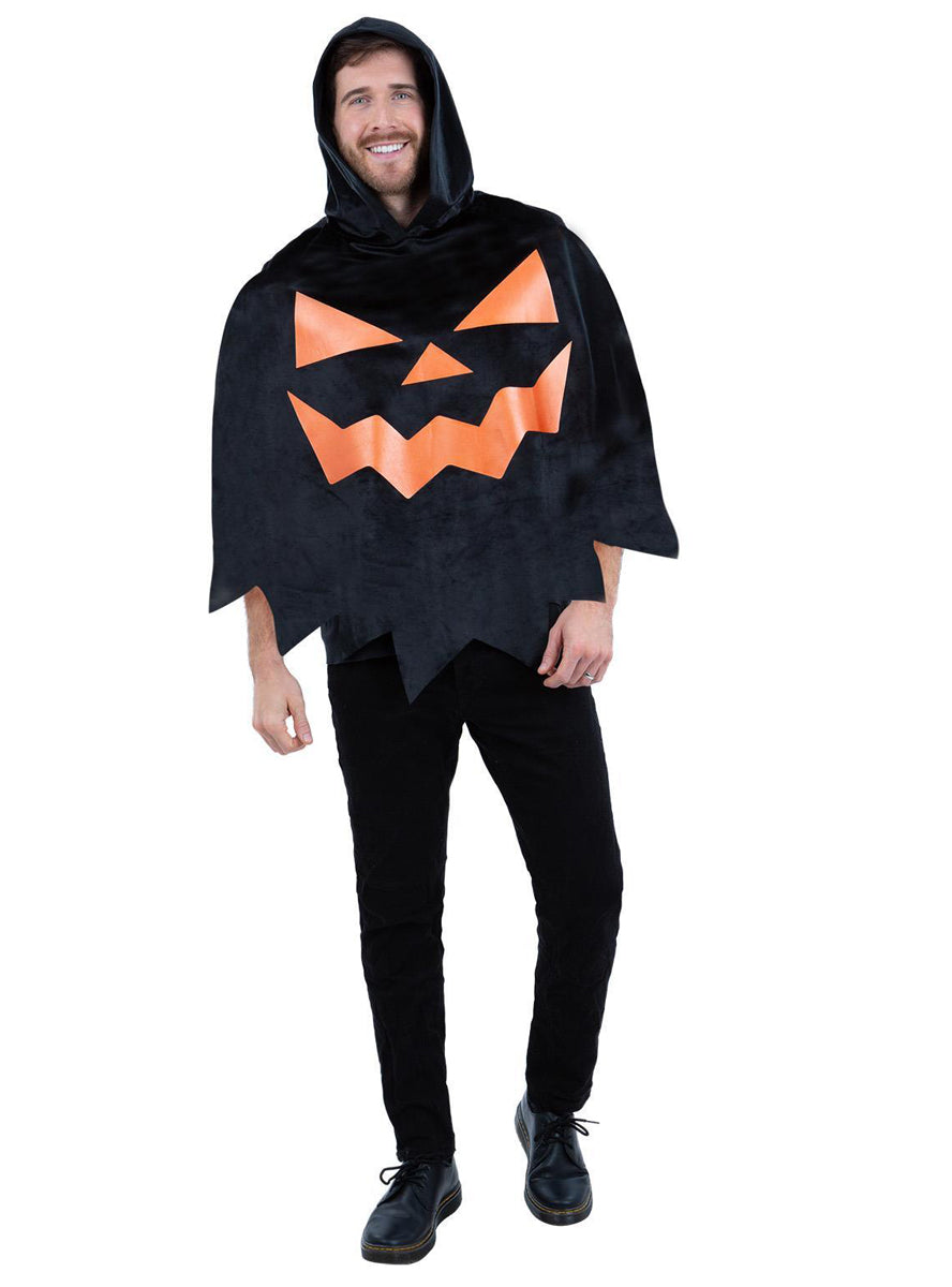 Mens black pumpkin halloween costume poncho -  Main image