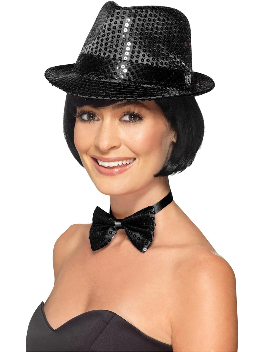Adults Black Sequin Trilby Costume Hat - Main Image
