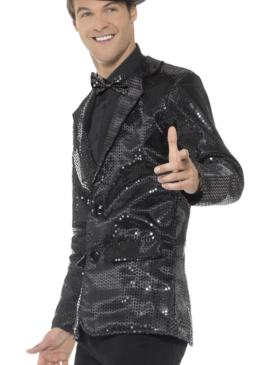 Mens Sequined Black Costume Jacket - Close Image
