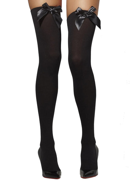 Opaque Black Thigh High Stockings with Bows - Main Image