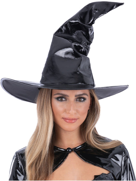 Womens Pointed Black Wet Look Witch Hat - Main Image