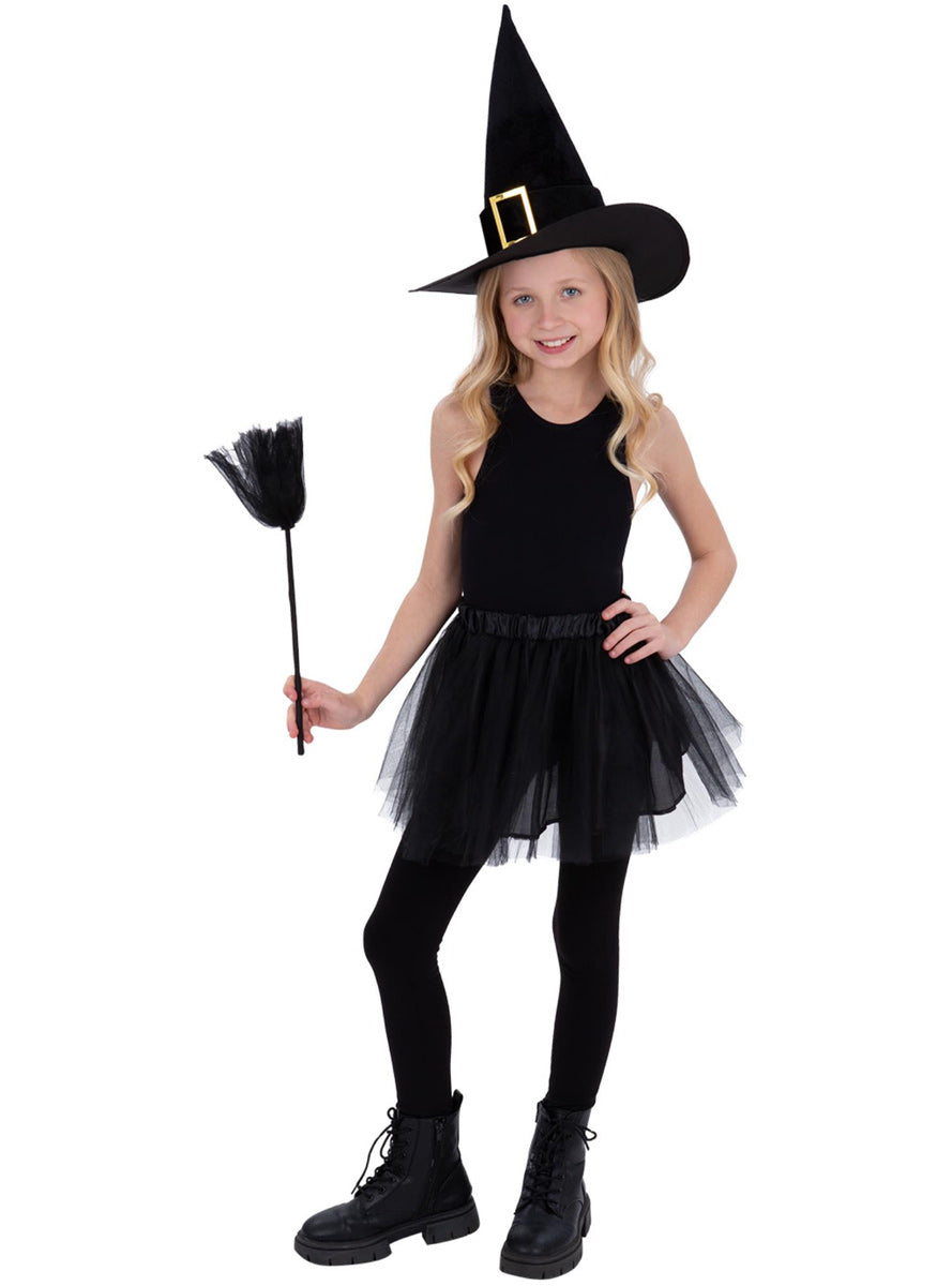 Black Witch Girls Tutu Broom And Hat Costume Accessory Set - Main Image