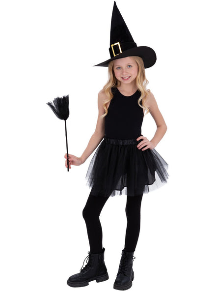 Black Witch Girls Tutu Broom And Hat Costume Accessory Set - Main Image