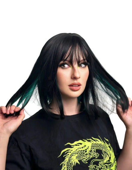 Black and Emerald Green Womens Heat Resistant Bob Wig - Main Image