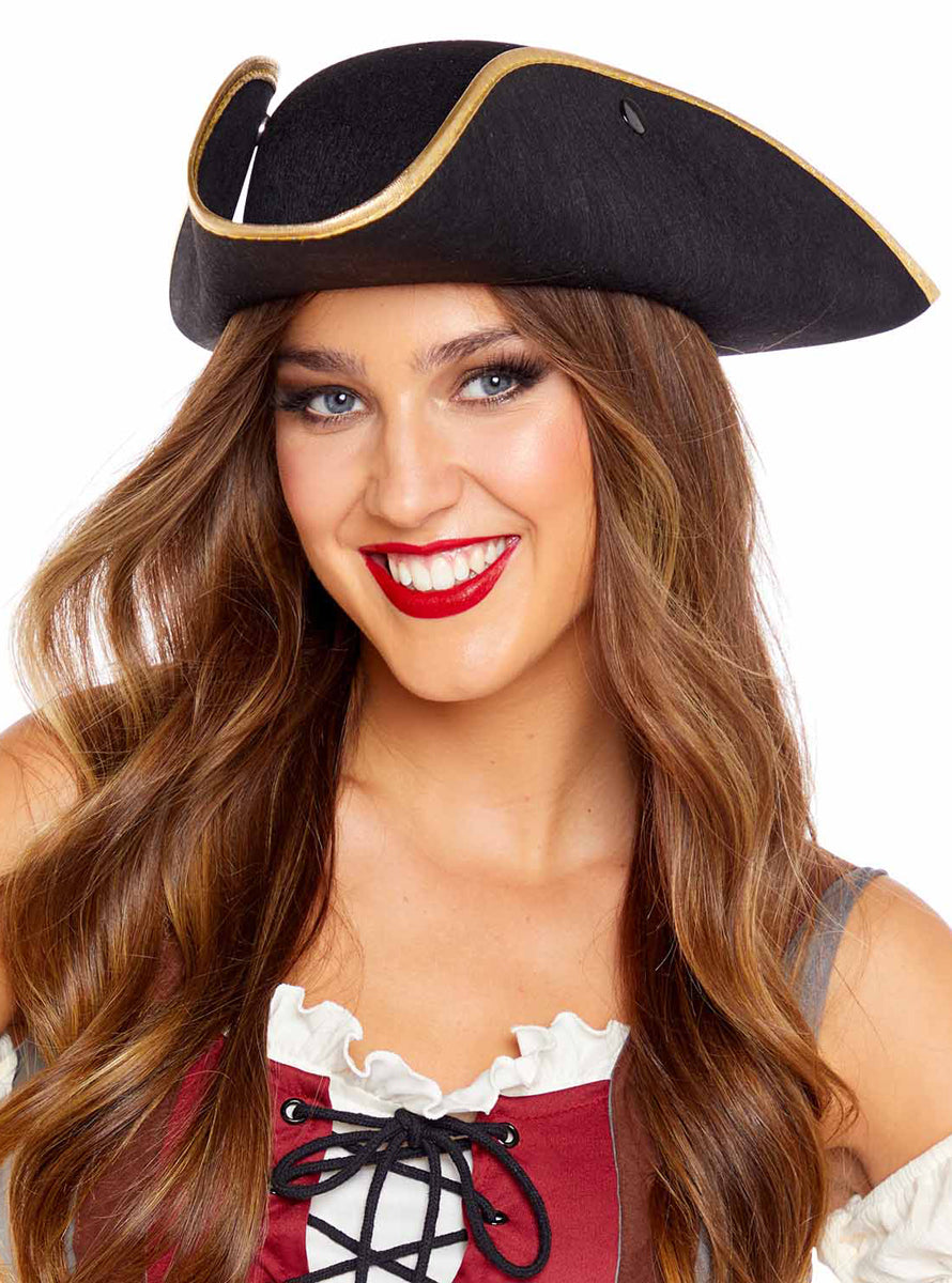 Pirate Black Tricorn Hat with Gold Trim - Main Image
