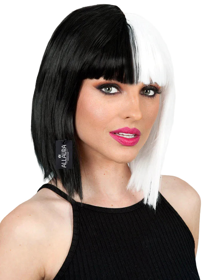 Black and White Split Womens Costume Bob Wig with Fringe - Side Image
