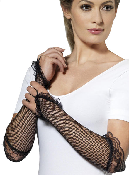Black Fingerless Fishnet Costume Gloves with Lace Trim - Main Image