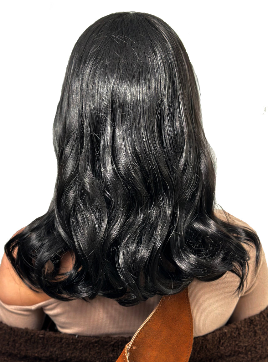 Black Wavy Womens Medium Length Costume Wig - Back Image
