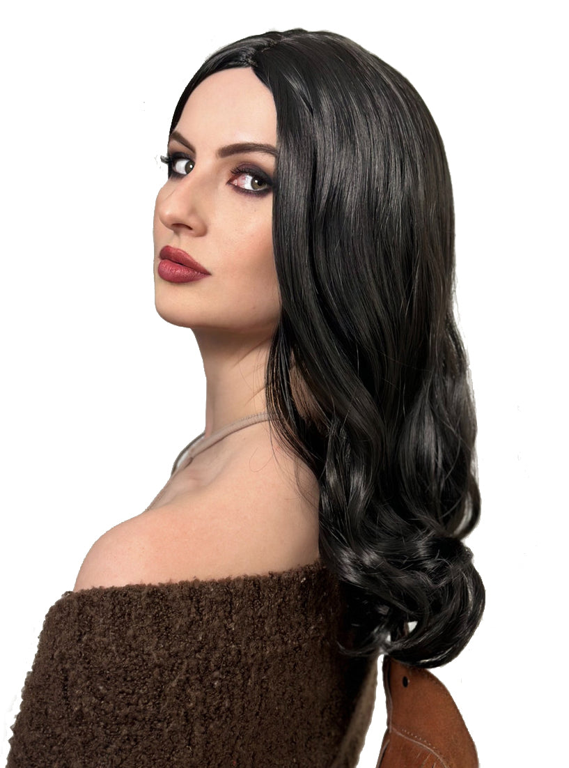 Black Wavy Womens Medium Length Costume Wig - Side Image 1