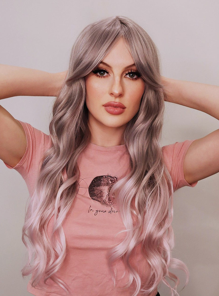Blaire Womens Deluxe Silver Grey Wavy Fashion Wig with Light Pink Ends - Alternative Image