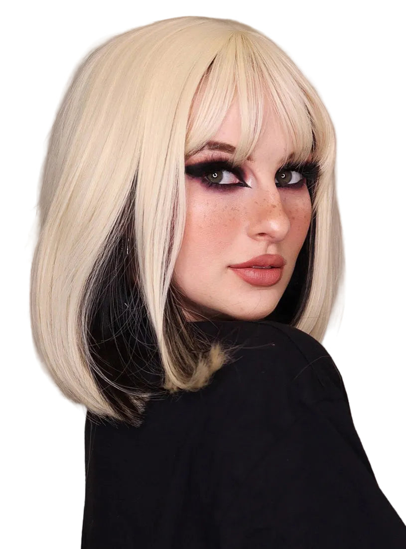 Blonde and Dark Brown Womens Heat Resistant Bob Wig - Side Image