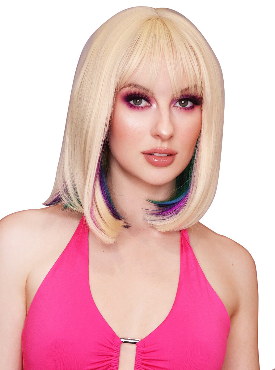 Blonde and Rainbow Womens Heat Resistant Bob Wig - Alternative Image 2