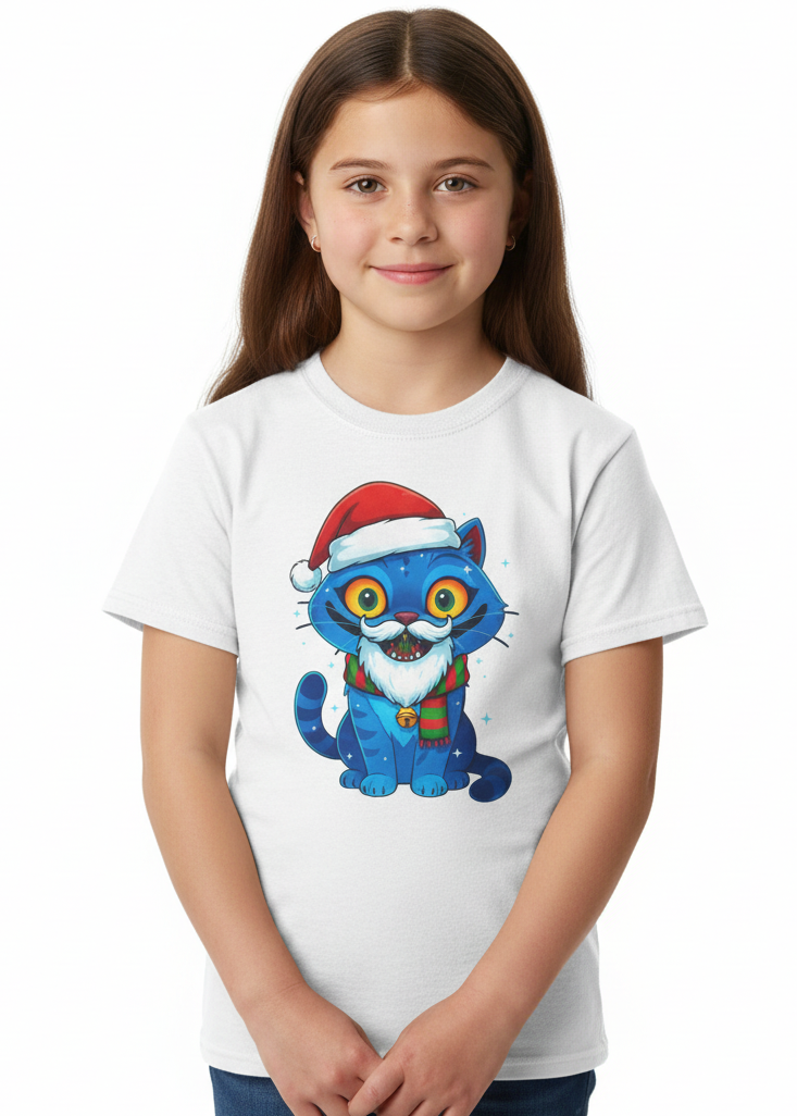 Kids White T-Shirt with Blue Christmas Demon Cat KPop Demon Hunters Print Main Image
