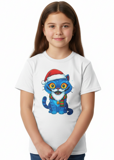 Kids White T-Shirt with Blue Christmas Demon Cat KPop Demon Hunters Print Main Image