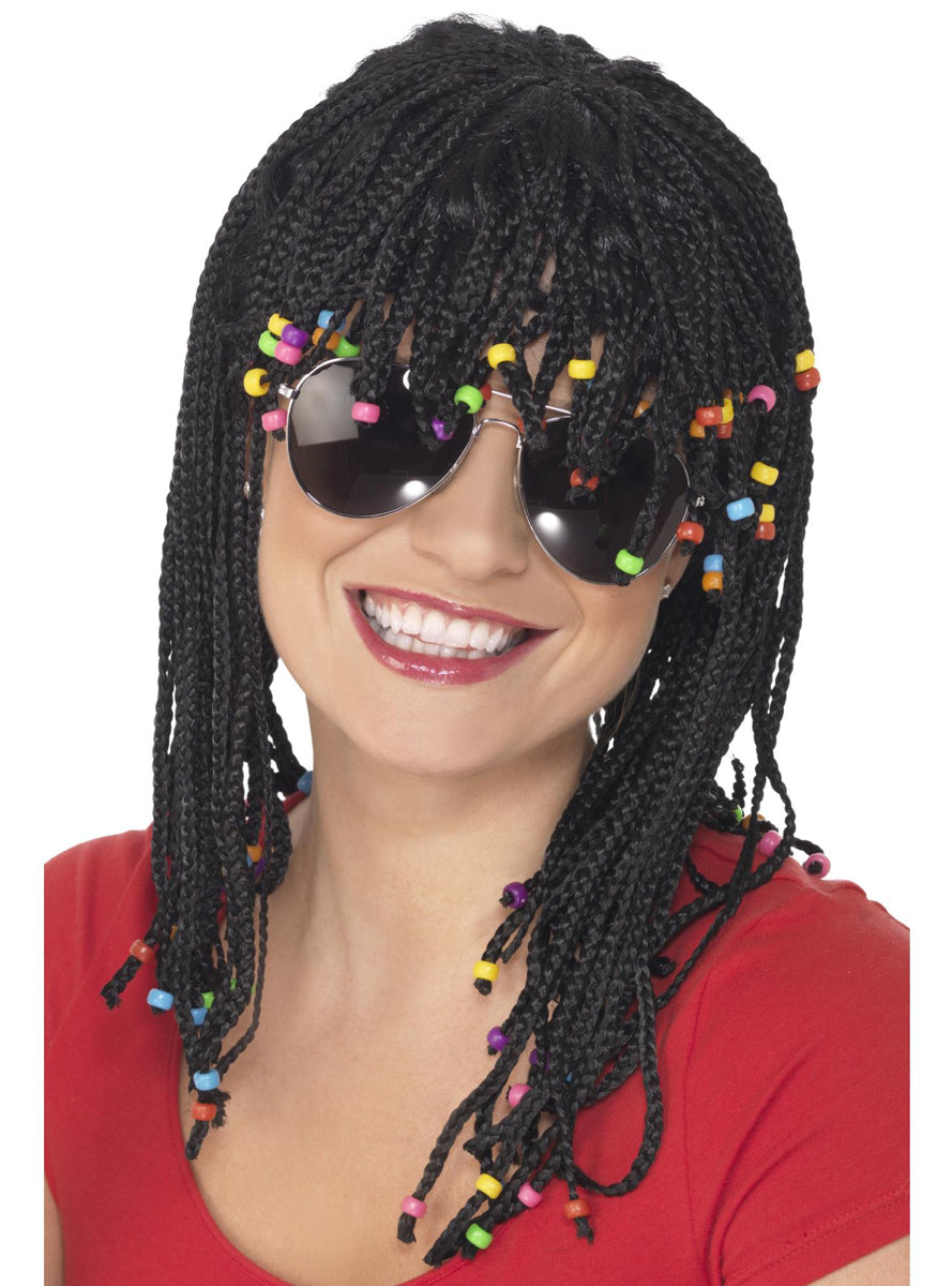 Womens Black Braids Costume Wig with Beads