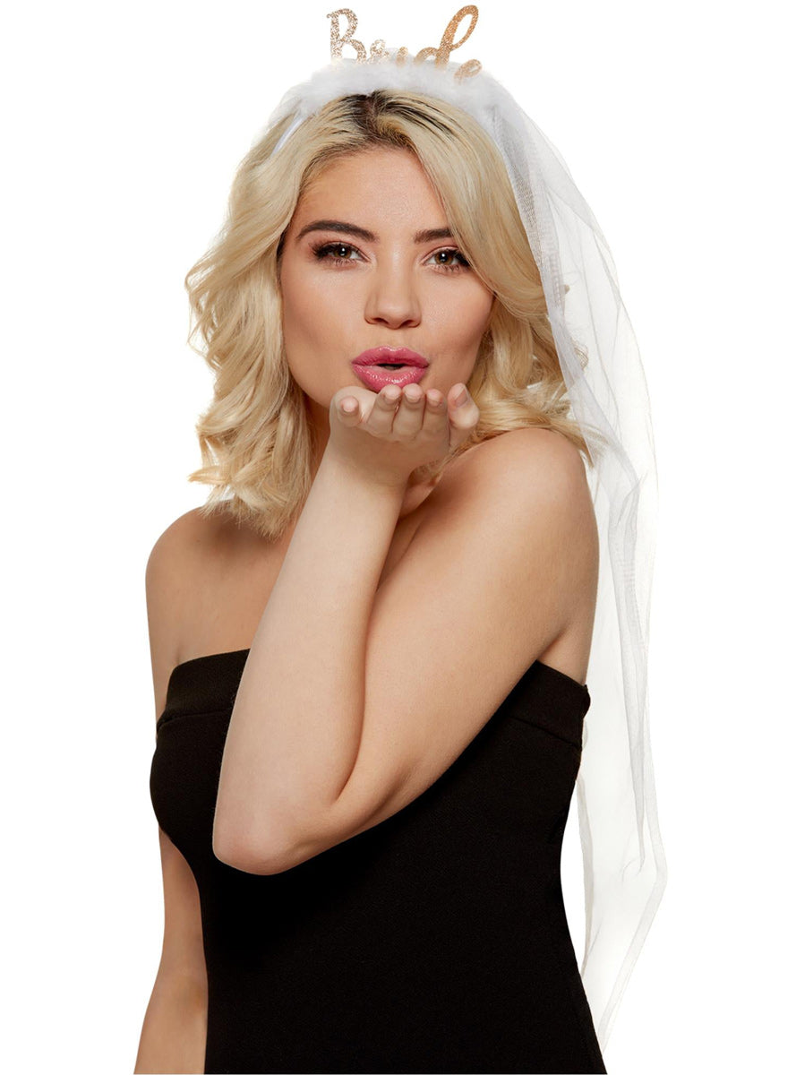 Gold Bride Hens Night Headband With White Veil - Main Image