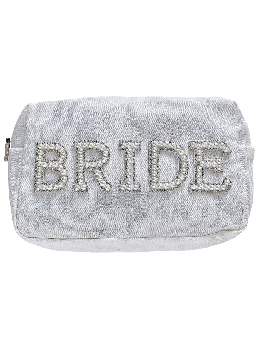 white bride makeup bag with pearls - main image