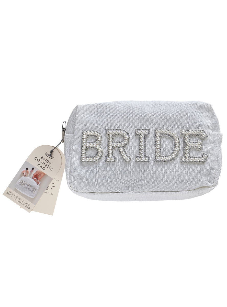 white bride makeup bag with pearls - packaging image