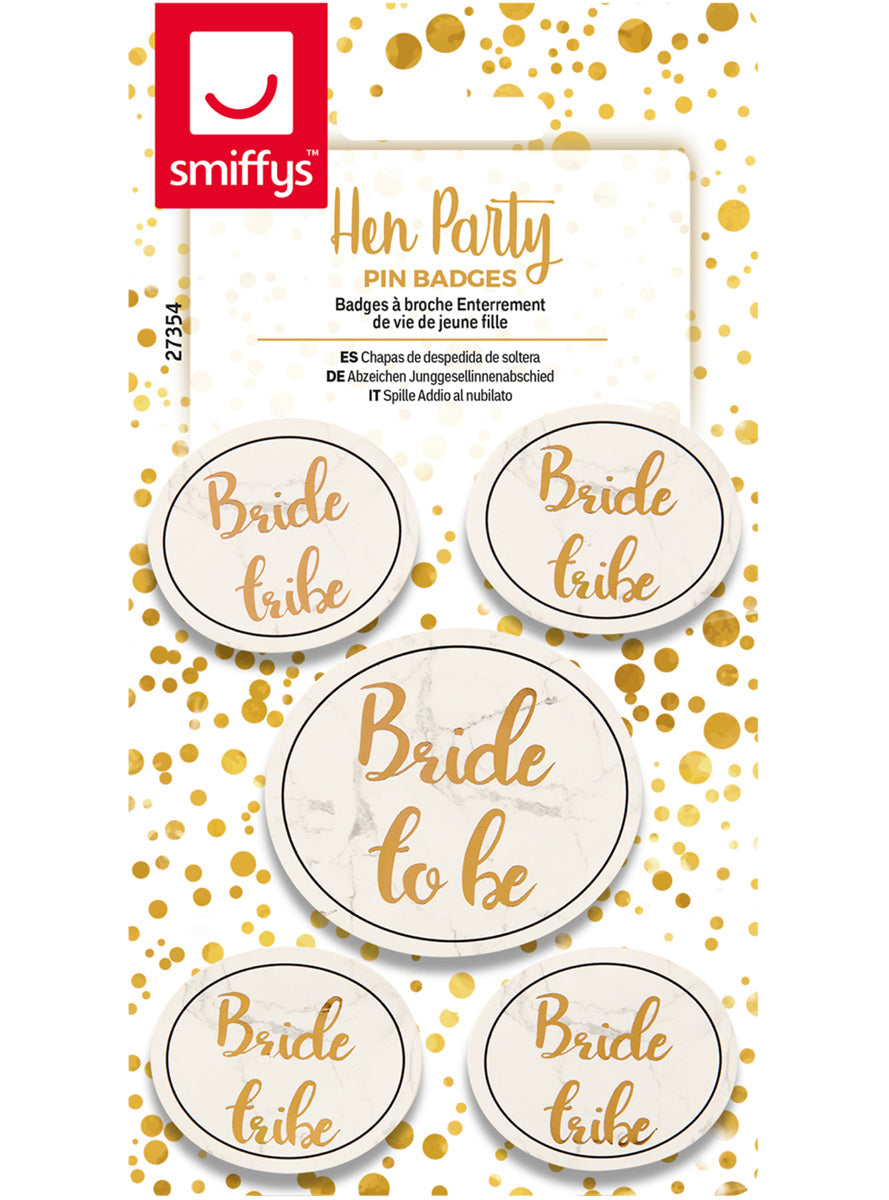 Gold Hen Party 5 Pack Bride To be And Bride Tribe Badges - Main Image