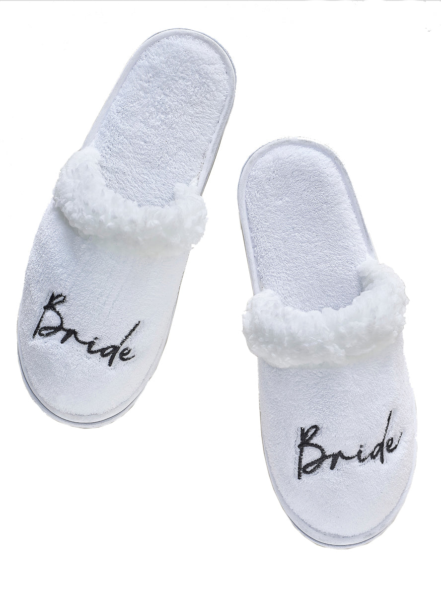 white fluffy brides wedding slippers - main image
