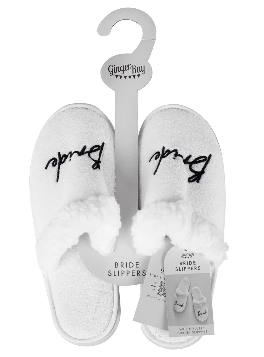 white fluffy brides wedding slippers - packaging image