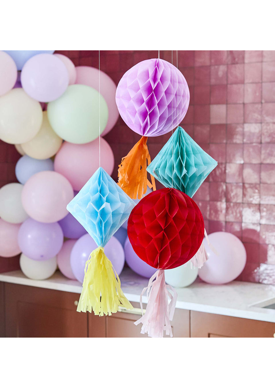 Bright Banquet 4 Pack Rainbow Hanging Honeycomb Decorations — Lifestyle Image