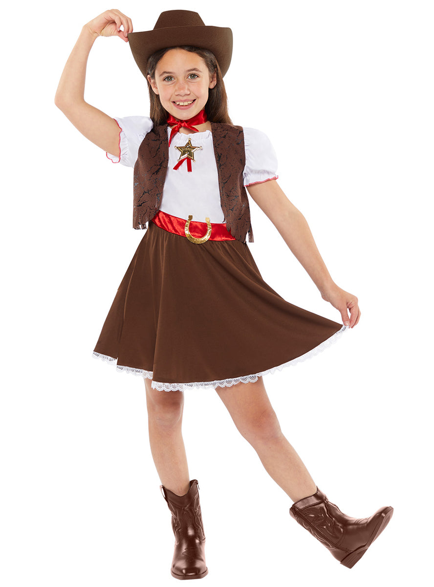 Girls Brown Westen Cowboy Costume - Alternative Image