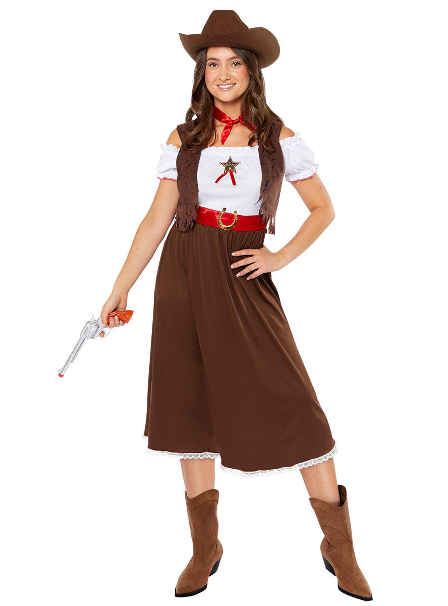 Plus Size Womens Brown Western Cowgirl Costume - Main Image