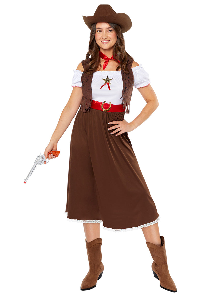 Womens Brown Wild West Cowboy Costume - Main Image