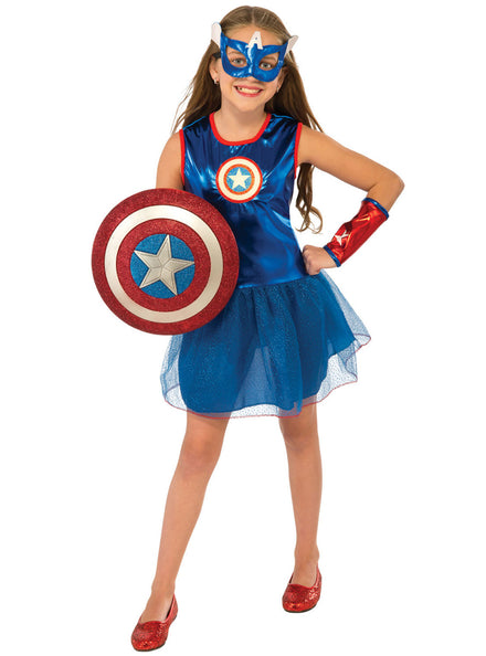 Toddler Girls Blue Captain America Superhero Costume - Main Image