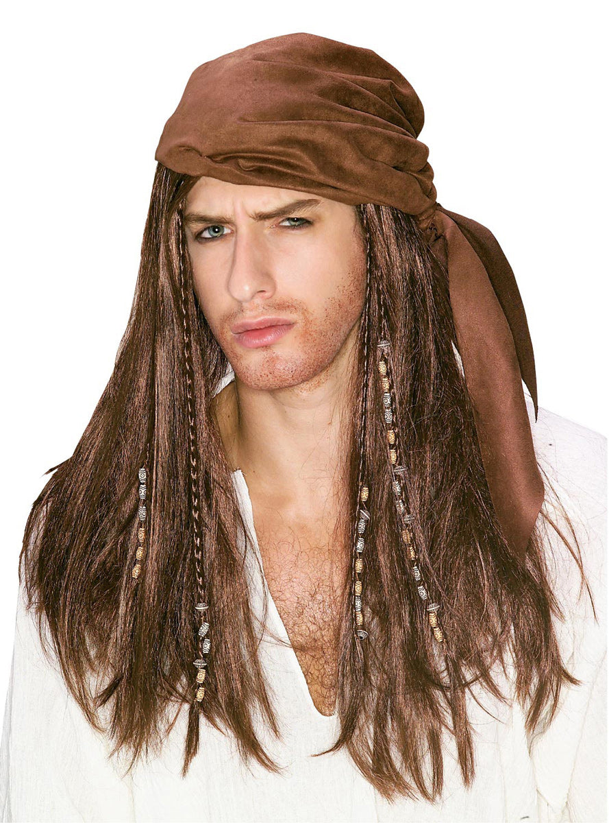 Mens Long Brown Pirate Costume Wig With Bandanna - Main Image