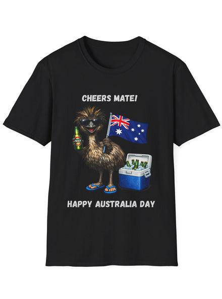 Adults Black T-Shirt with Cheers Mate Australia Day Emu Print