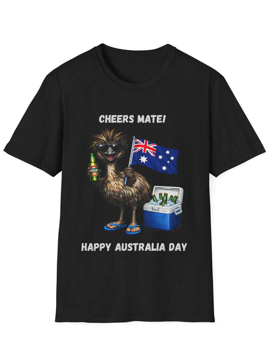 Adults Plus Size Black T-Shirt with Cheers Mate Australia Day Emu Print