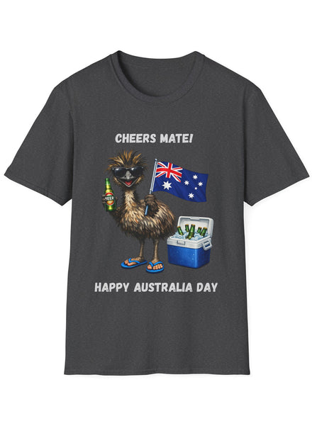 Adults Plus Size Charcoal T-Shirt with Cheers Mate Australia Day Emu Print