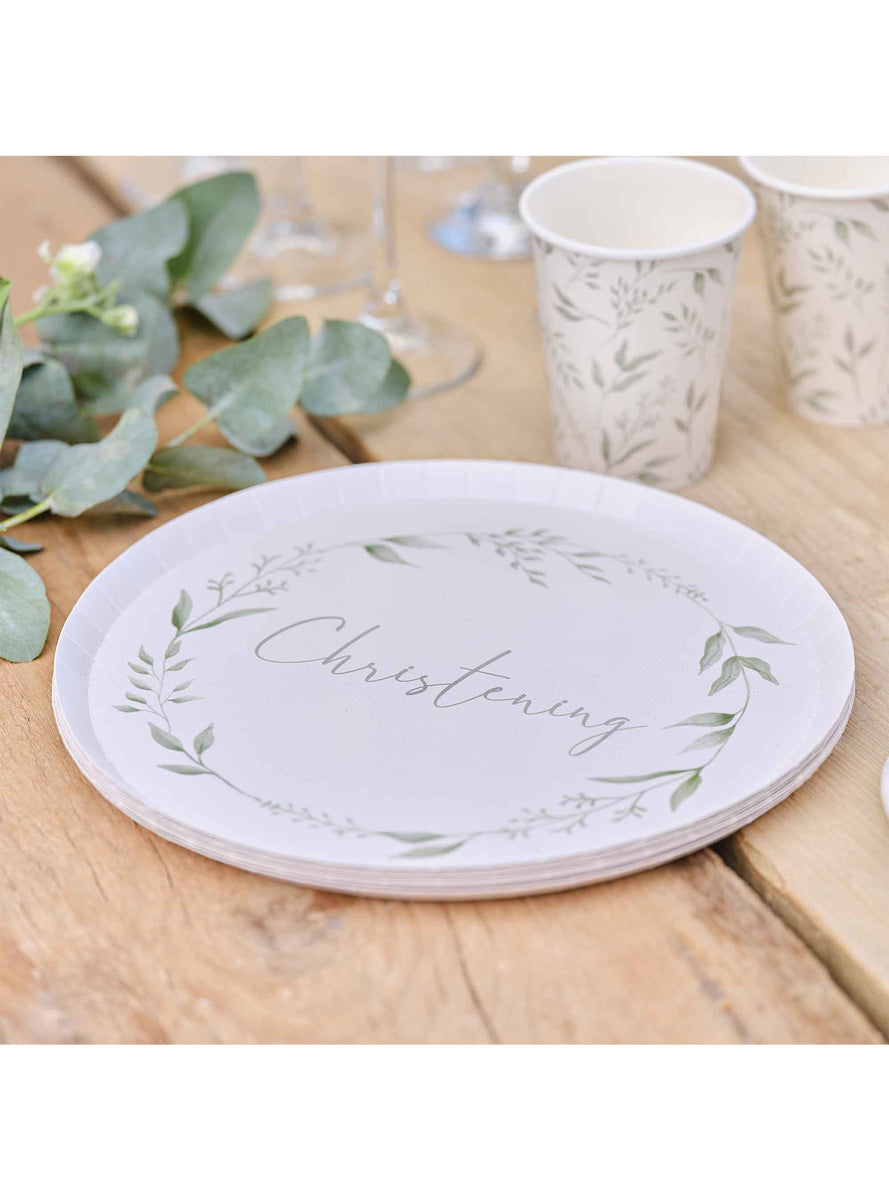 Christening Botanical White and Green 8 Pack Paper Plates – Lifestyle Image