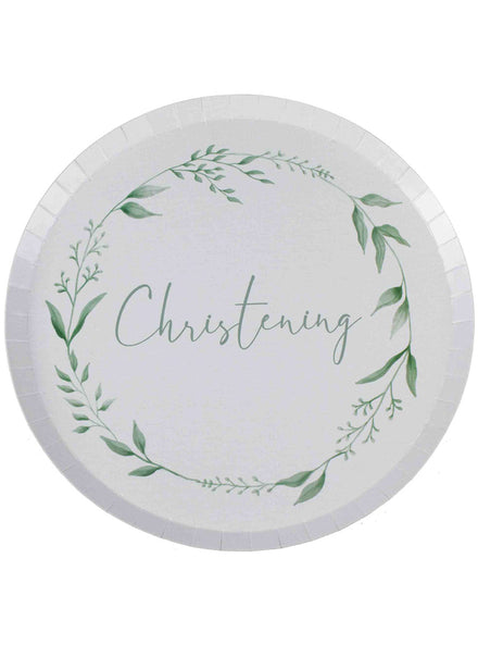 Christening Botanical White and Green 8 Pack Paper Plates – Main Image
