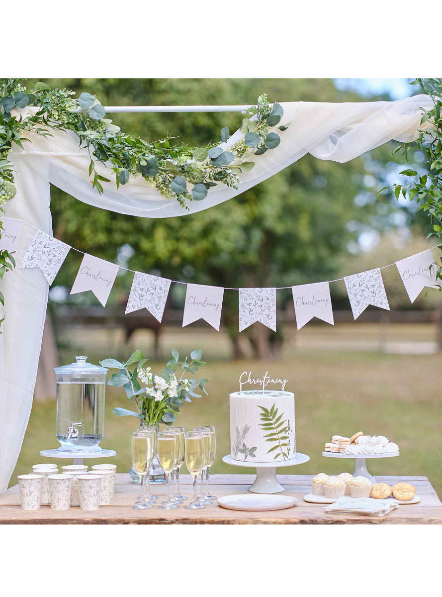 Christening Botanical White and Green Bunting – Lifestyle Image