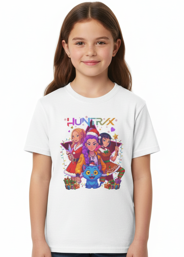 Kids White T-Shirt with Christmas Huntrix Girls and Demon Cat Print Main Image