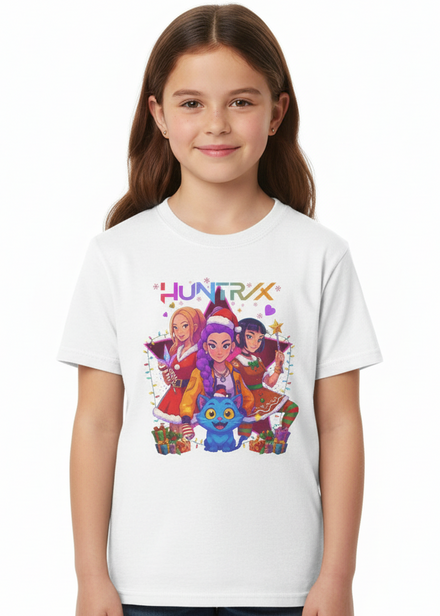 Kids White T-Shirt with Christmas Huntrix Girls and Demon Cat Print Main Image